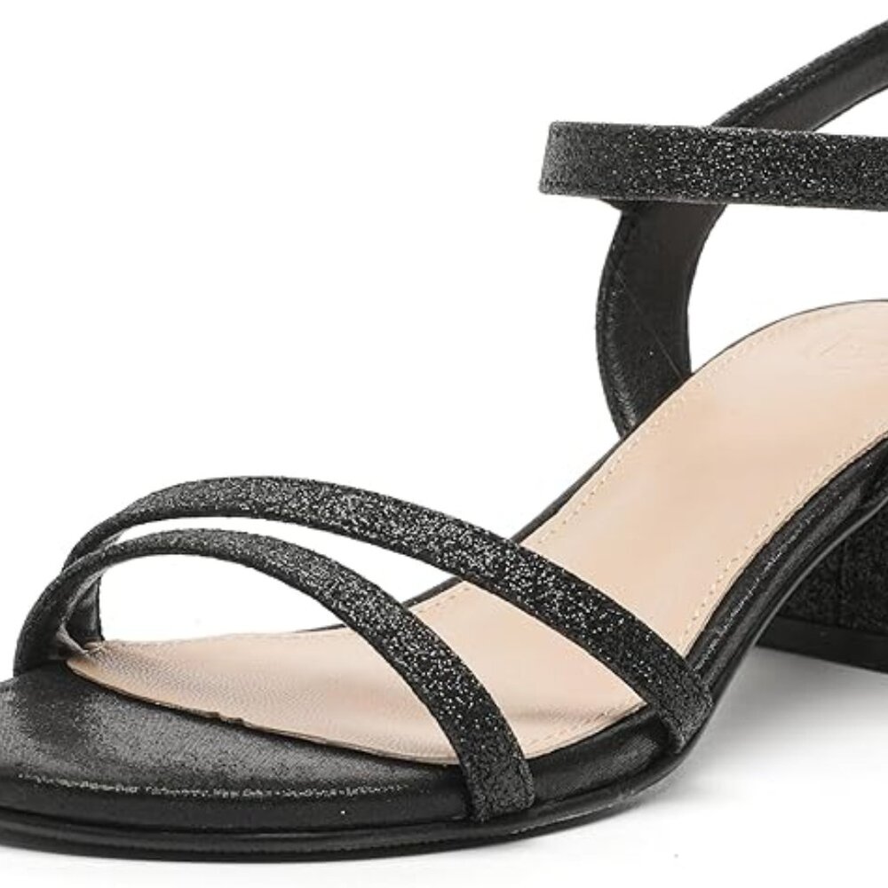 Women's Open Toe Ankle Strap Glitter BLACK Sandals Block Chunky Heels sz 9